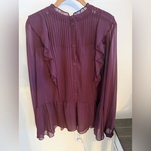 Who What Wear Sheer Plum Blouse with Ruffle Details